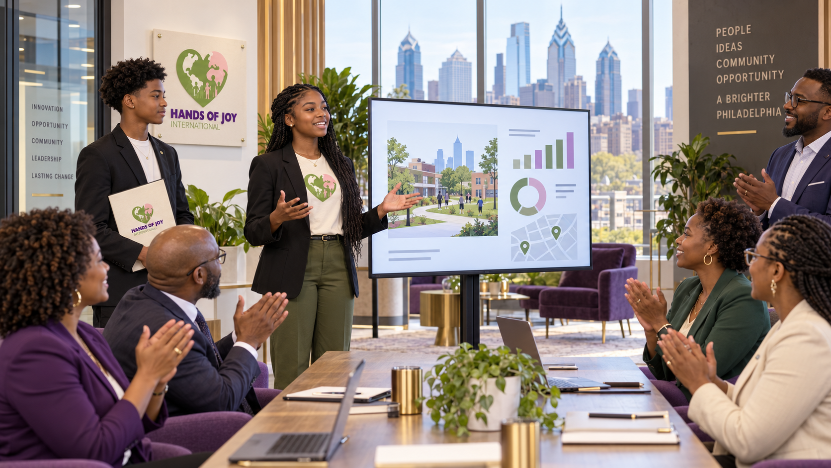 Young leaders presenting impact data in a bright Philadelphia conference room
