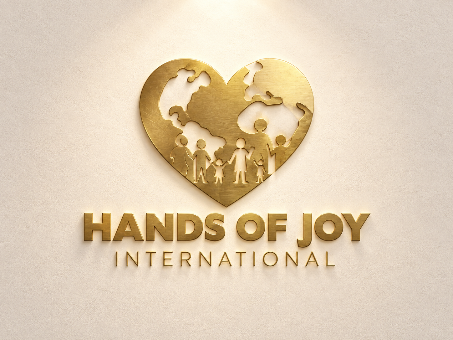 Hands of Joy International gold emblem with a heart-shaped world map and community figures