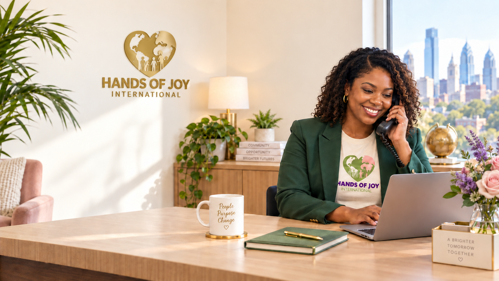 A Hands of Joy International team member on a call at a bright desk overlooking the Philadelphia skyline