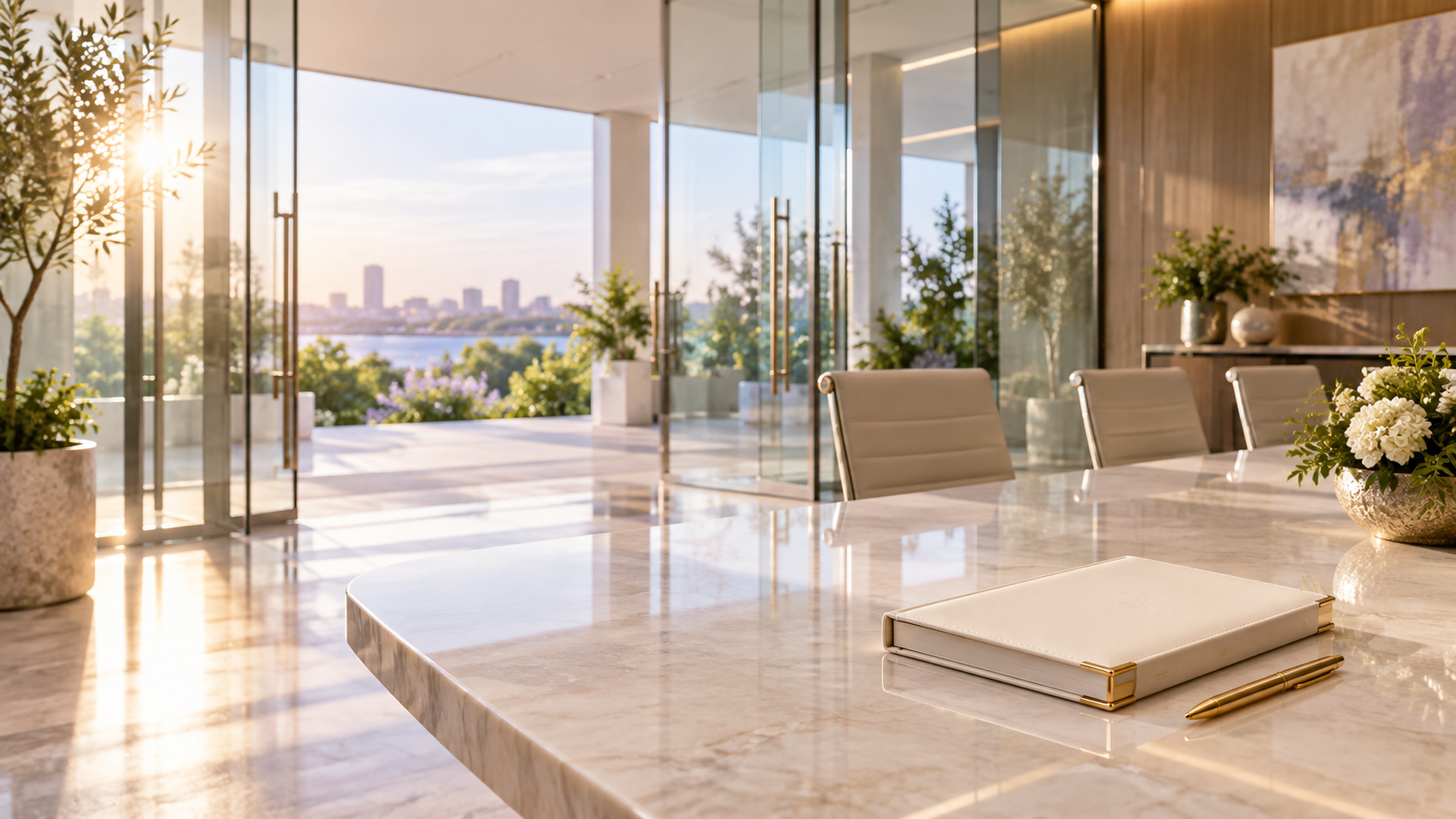 A modern governance boardroom opening onto a city skyline at sunset