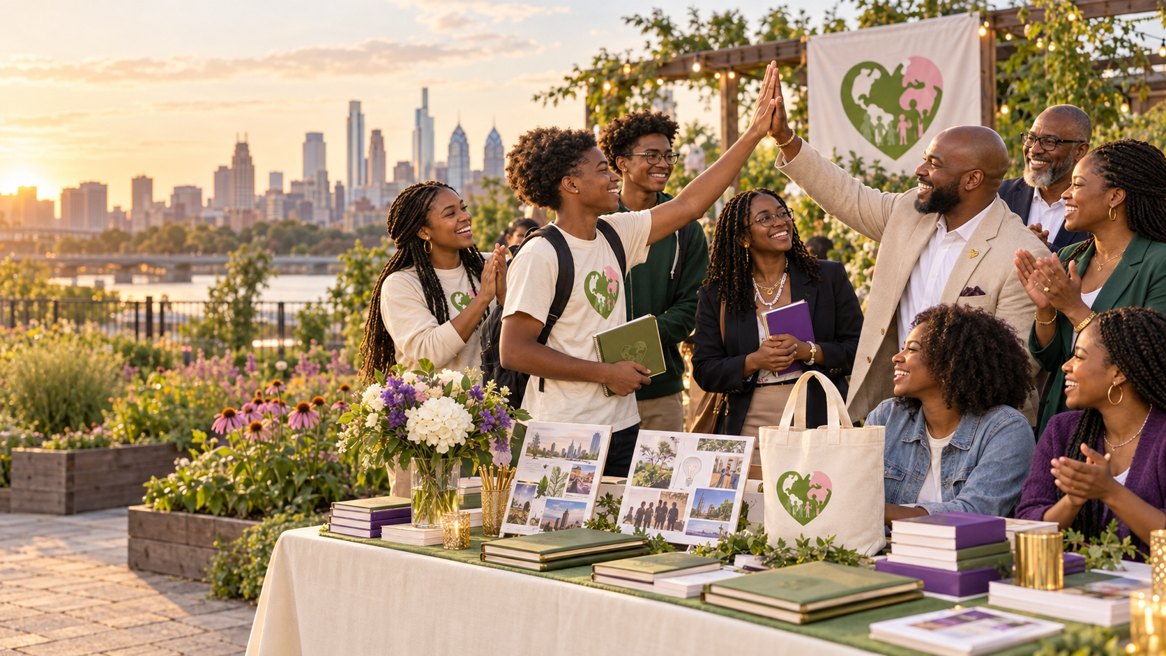Young people, mentors and supporters celebrating together at a Philadelphia garden gathering