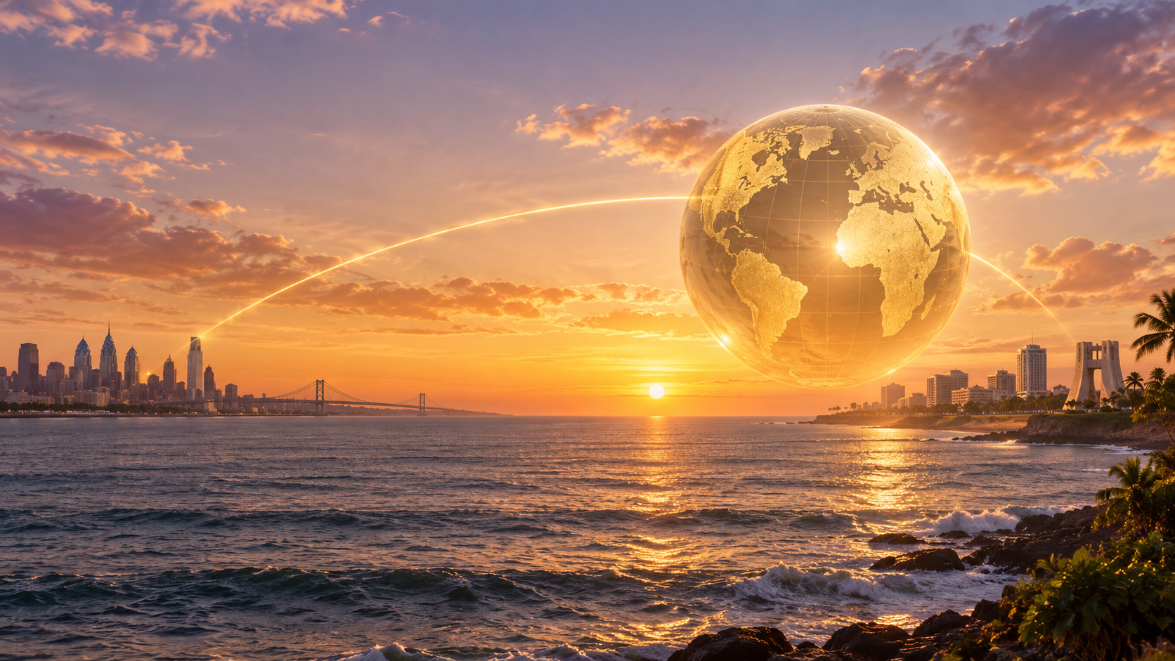 A panoramic connection between the Philadelphia and Ghana skylines beneath a golden globe