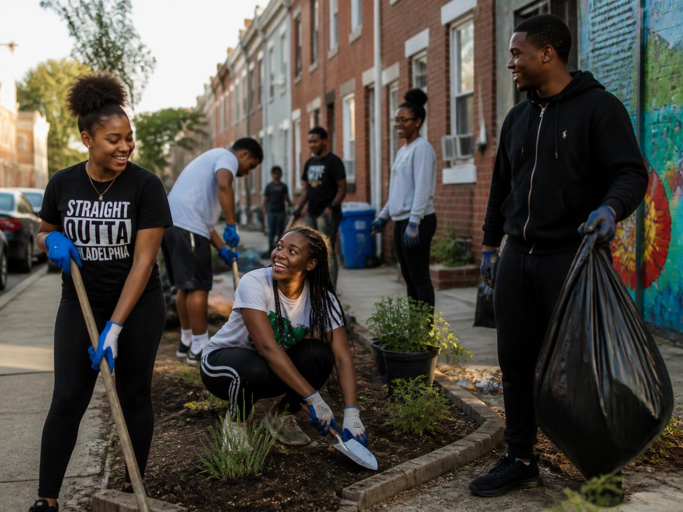 Teenagers leading a neighborhood service project on a Philadelphia block